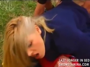 Pretty blonde girl takes two dicks outdoors free
