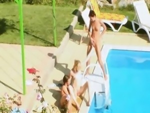 Three chicks secret fuck by the pool