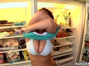 horny brunette gives a blowjob with chocolate