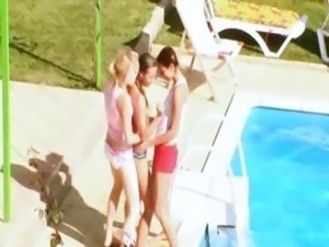 Three chicks secret sex by the pool