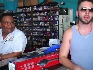 Adorable slim chick meets up with wild raunchy dudes at an auto repair shop....