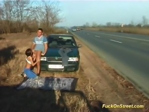 crazy amateur girl gets cum next to car
