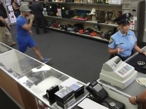 Real cop flashes her tits to pawnbroker for cash