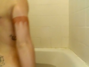 Stunning gf with sexy tattooed body takes shower in front of me