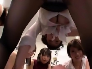 Pantyhosed Asian beauties sharing their lust for cock in POV