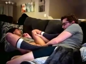 Horny nerd having sex with his hot stepsister on the couch