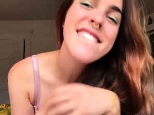 Playful brunette stripteasing and masturbating on webcam