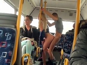 Blonde is on a bus with a dude. She does not wait for them to get to the...