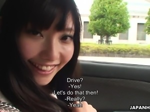 Slutty girl from Japan Riko Tanabe lets dude rub her clit a bit in the car