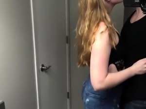 Naughty blonde teen gives a hot blowjob in a public toilet