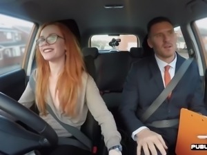 Public redhead babe doggy style in car test