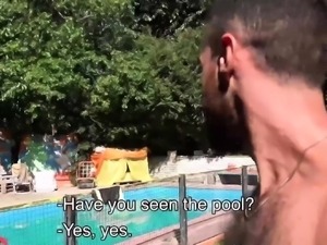 Latino studs fuck each other by the pool