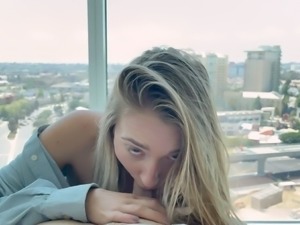 Blonde schoolegirl babe with small boobs does blowjob in pov